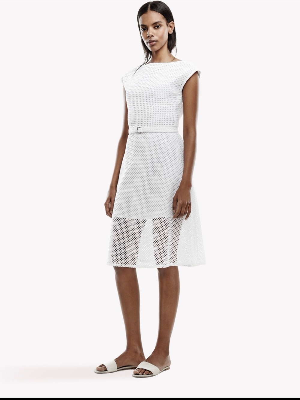 Theory White Cap-Sleeve Mesh Belted Midi Dress new 345dollars